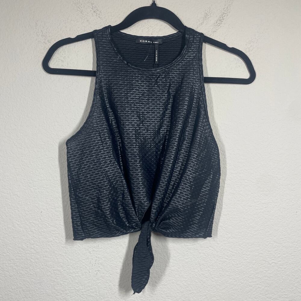Koral XS Mayra Front Tie Netz Muscle Tank Top Shirt Black Geometric Sleeveless - Picture 2 of 7